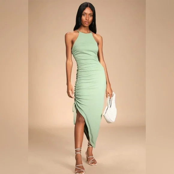 Lulus | Dresses | Break The Rules Sage Green Ruched Asymmetrical Midi Dress  | Poshmark